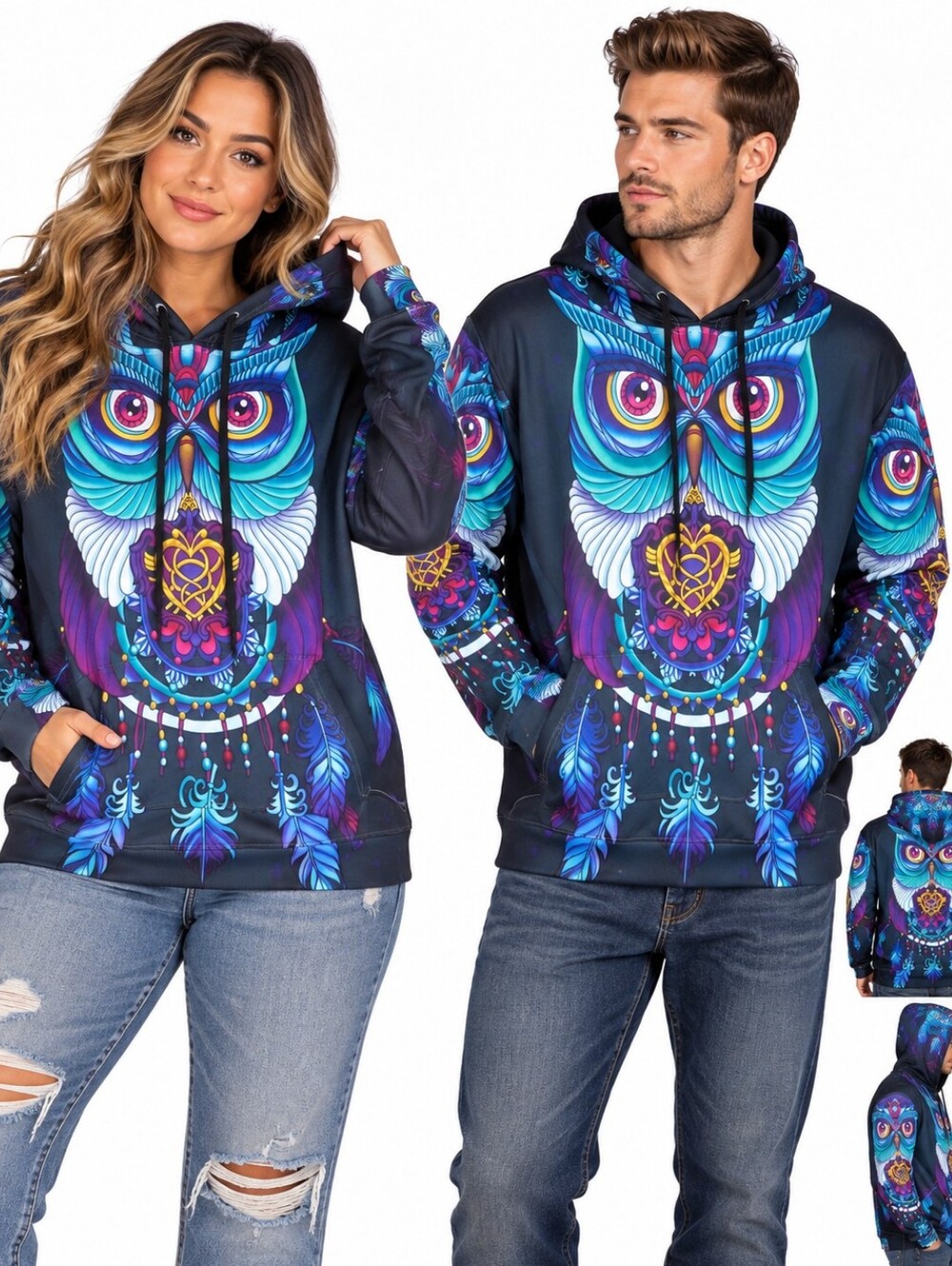 Owl Graphic Hoodie L Blue Purple Boho Whimsigoth Festival Y2K Statement